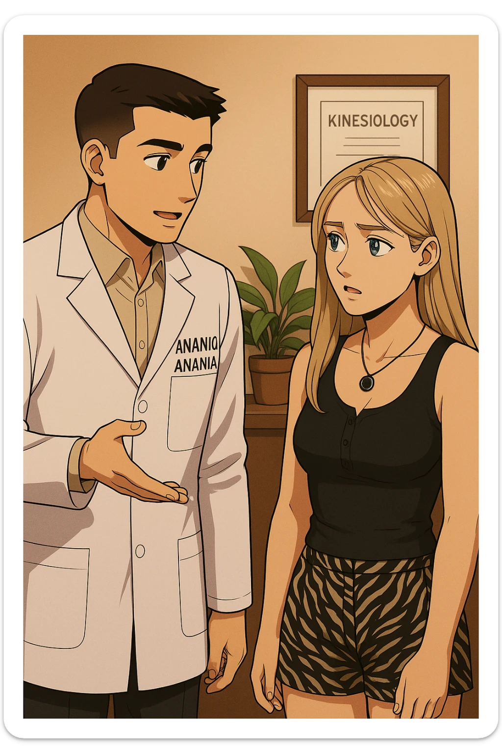 fai un webtoon/manga a colori con questo kinesiologo in camice bianco (fagli la scritta "ANTONIO ANANIA" SUL CAMICE) CHE PARLA CON QUESTA RAGAZZA CON GLI OCCHI AZZURRI. la ragazza gli fa una domanda preoccupata e IL KINESIOLOGO CON IL CAMICE BIANCO LE risponde. NON FARE I FUMETTI, FAI SOLO LORO COME SE DIALOGASSERO sticker