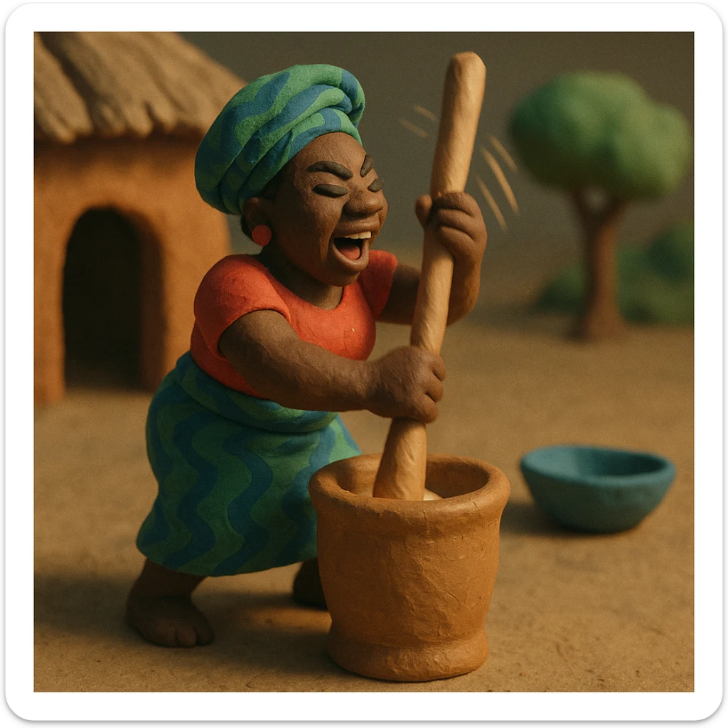 scene of Nigerian woman energetically pounding yam, visible motion, traditional clothing, handcrafted effect, claymation style sticker