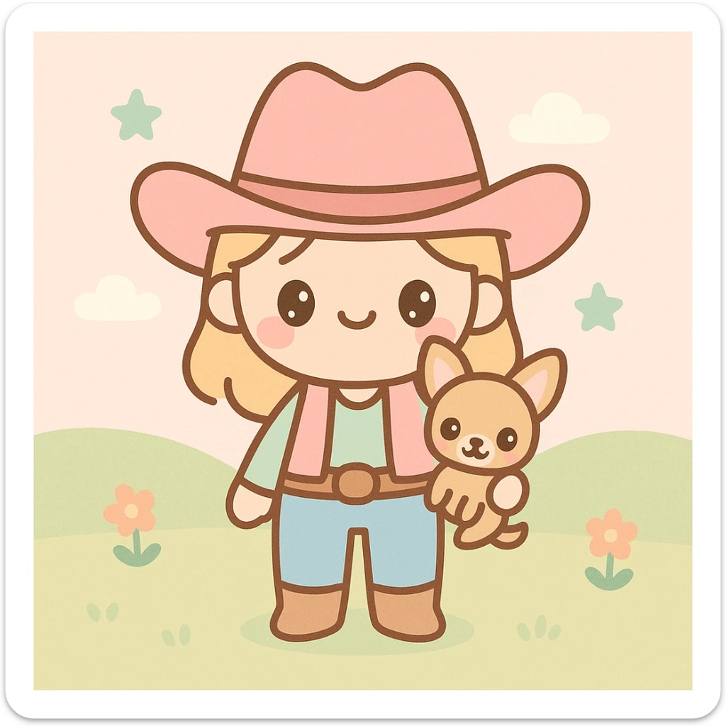 femme cowboy avec son chihuahua, style kawaii, arrière-plan prairie sticker