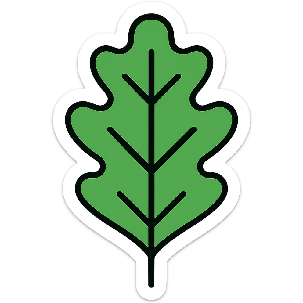 Change the oak leaf icon to green color, keep the color outline style with black outlines, maintain the original shape and details of the oak leaf. sticker
