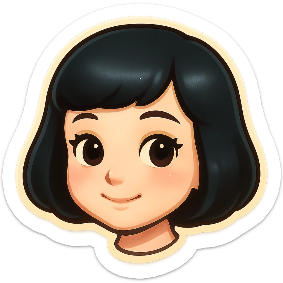 very cute young girl with pale skin, black bob haircut, light makeup, big kind eyes, soft smile, Telegram sticker style, head only without neck, white background sticker