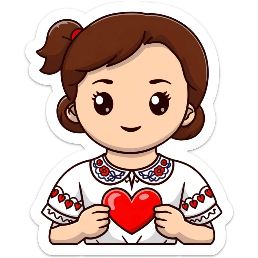 Beautiful young girl with brown hair in a white Ukrainian embroidered shirt holding a large embroidered heart sticker