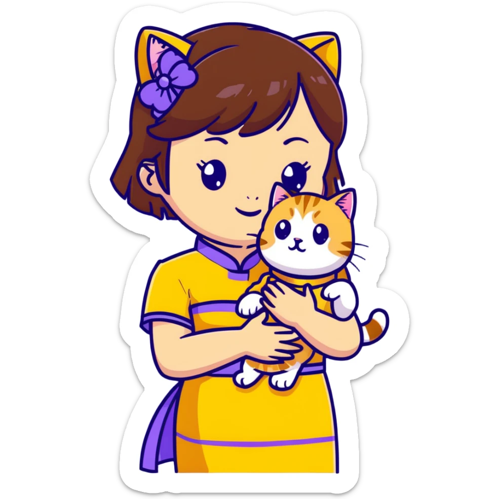 girl with brown hair and bangs wearing yellow qipao with gray tabby cat sticker
