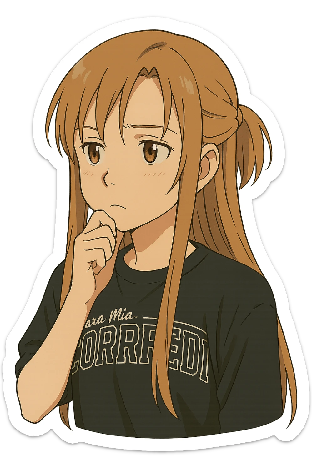 Sticker of Asuna from Sword Art Online in ghibli style, thoughtful expression, transparent background, inspired by the reference image. sticker