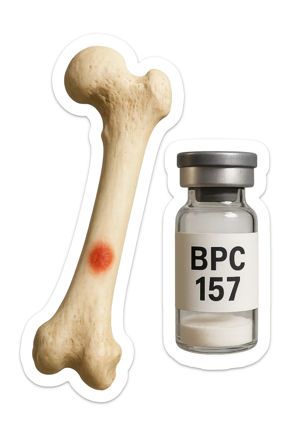 osso umano con red spot fluttua insiema a fiala medica con la scritta "BPC 157" SULL'ETICHETTA, iperrealistiche 4k sticker