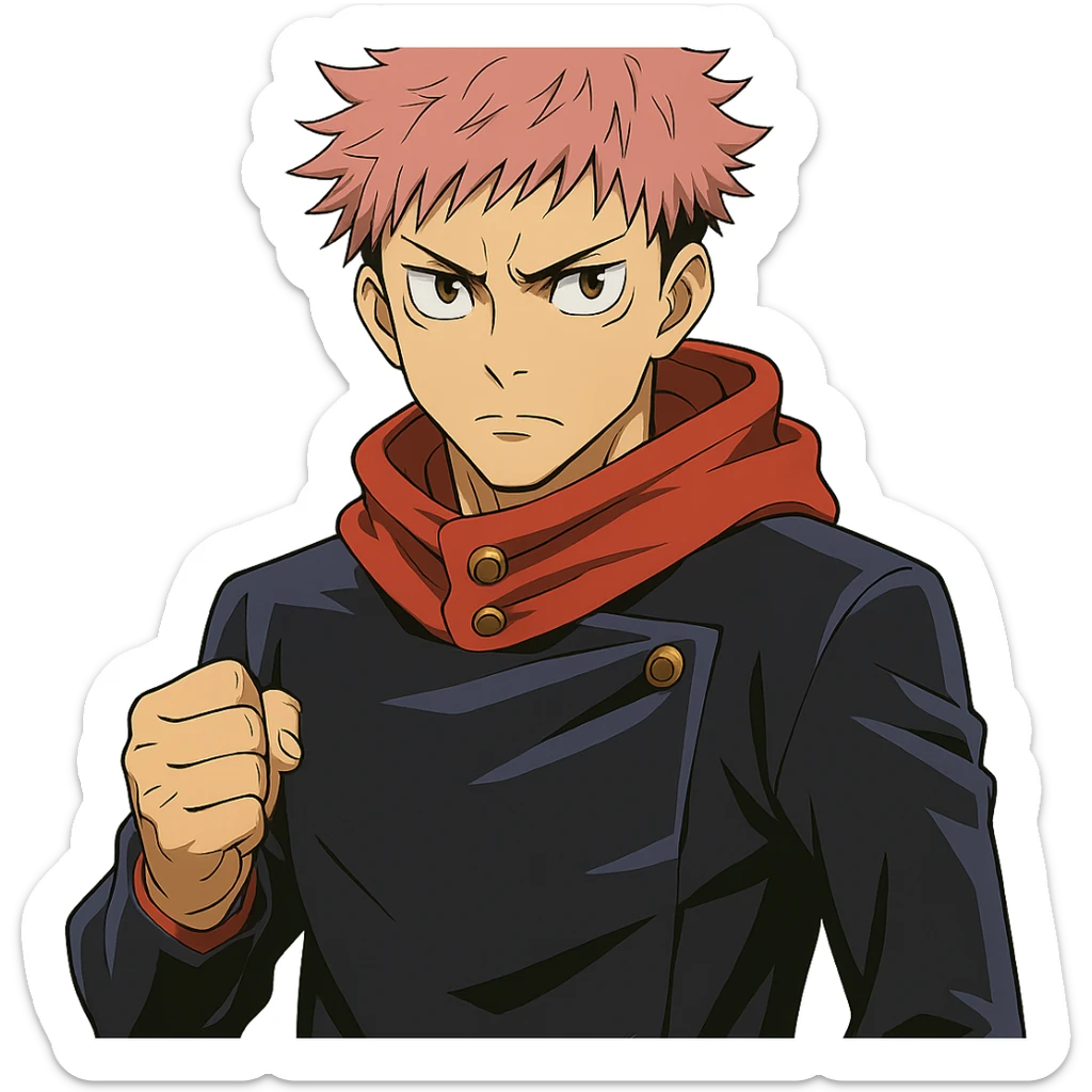 Yuji Itadori from Jujutsu Kaisen, pink hair, school uniform, determined expression, anime style sticker