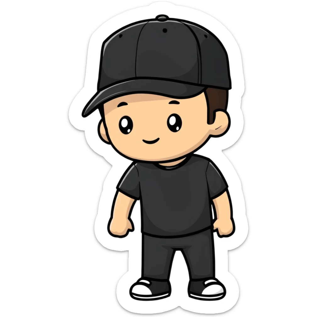 a white bro with brunette hair, wearing a black cap and a black shirt sticker