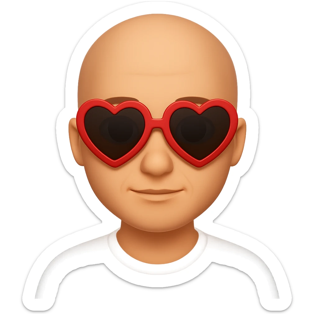 A bald guy wearing heart-shaped sunglasses in the style of apple emojis, with no background, clean and crisp apple emoji style look. sticker