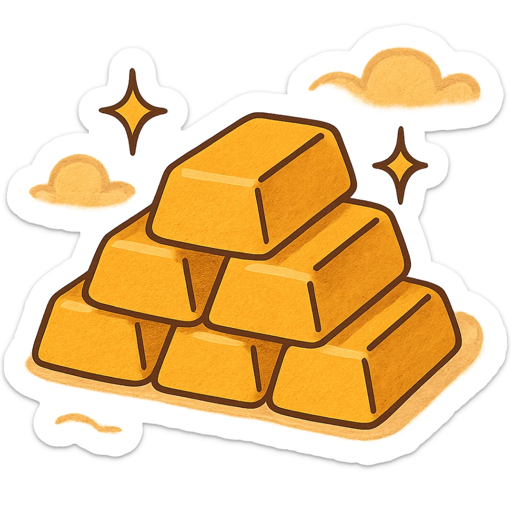 gold bars stacked with sparkle effect, flat modern style, bright saturated colors golds greens reds, minimal but expressive, universal look sticker