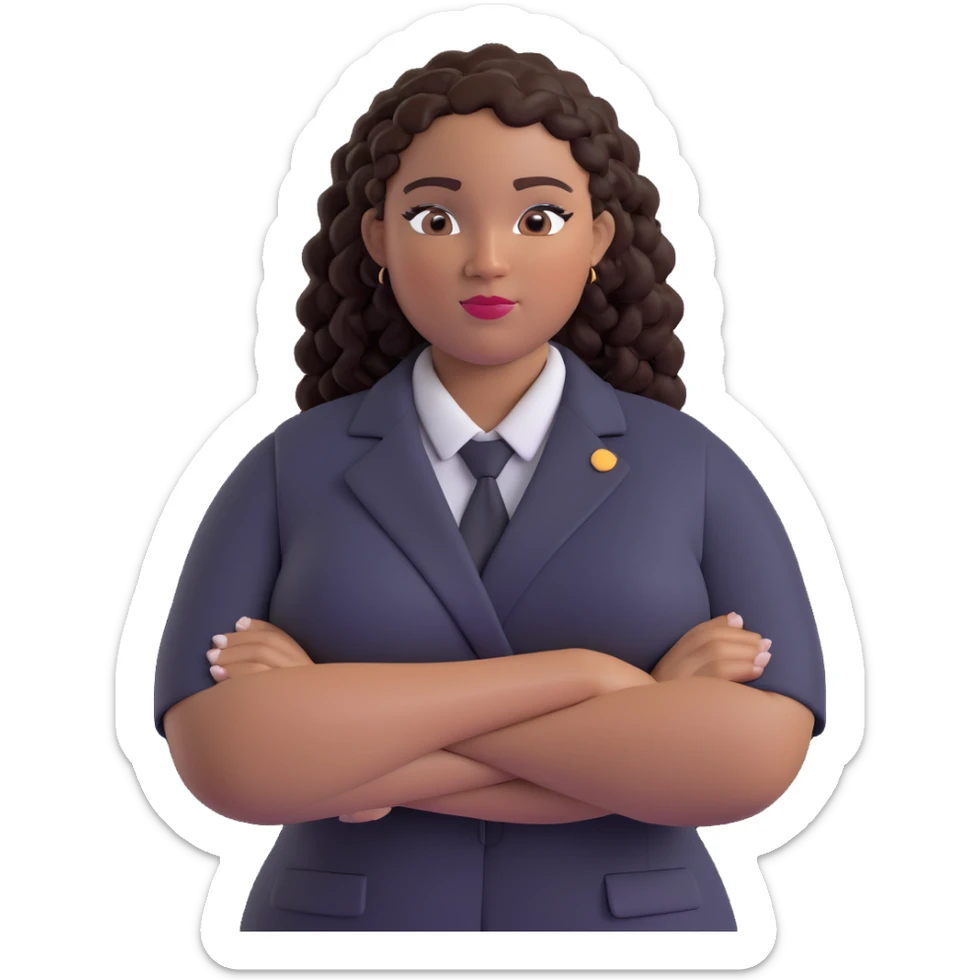 confident plus size Black woman with curly braids, arms crossed, professional look, simple background sticker