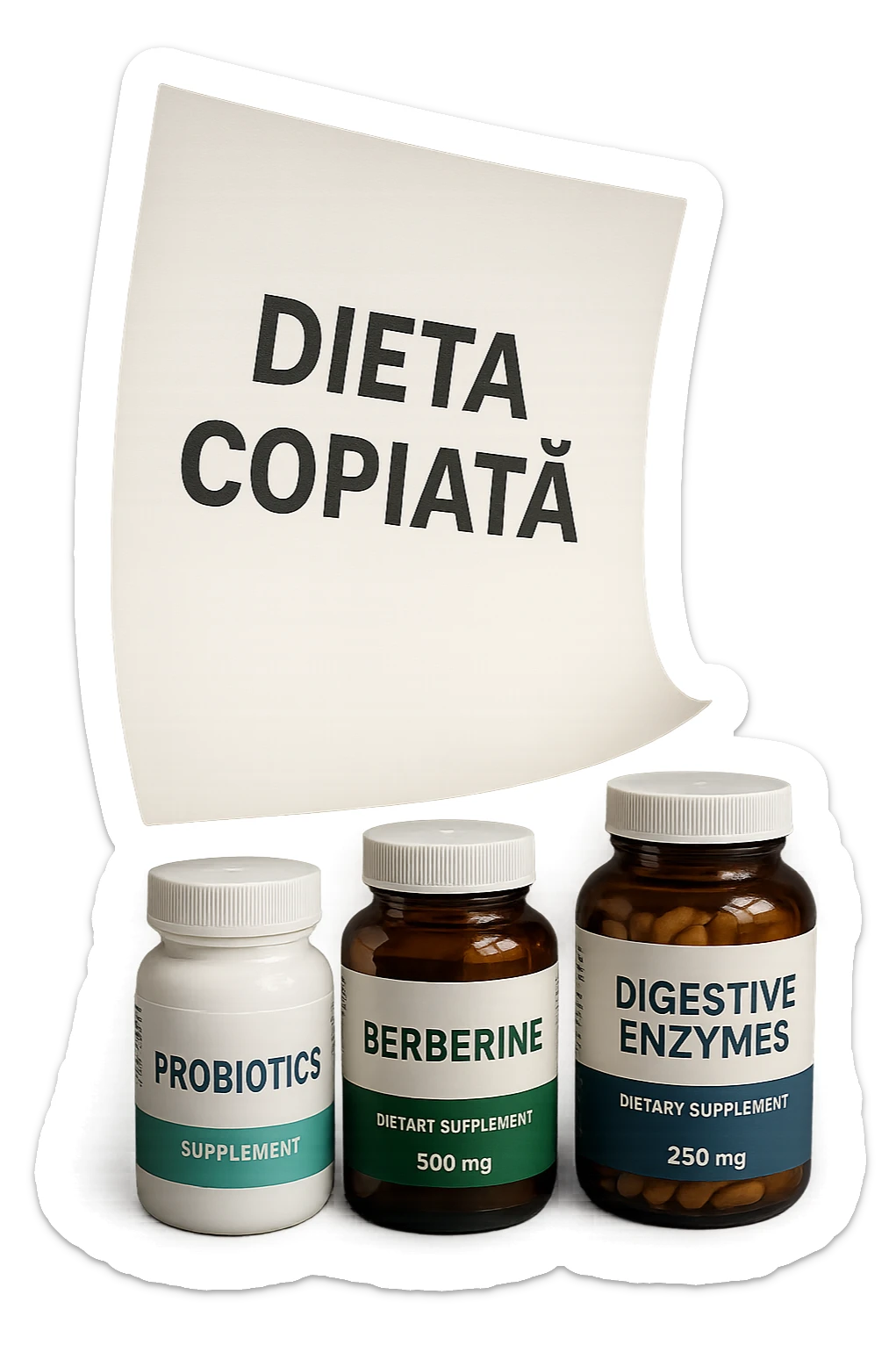 FOGLIO DI CARTA FLUTTUA IN ARIA CON LA SCRITTA "DIETA COPIATA", INSIEME A BARATTOLI DI INTEGRATORI PER CURARE IL SIBO, IPERREALISTICO 4K, NON DISEGNATO sticker