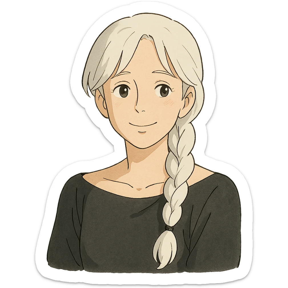 young female psychologist with white hair in a long braid, wearing a black off-shoulder top, ghibli style, gentle and warm expression sticker
