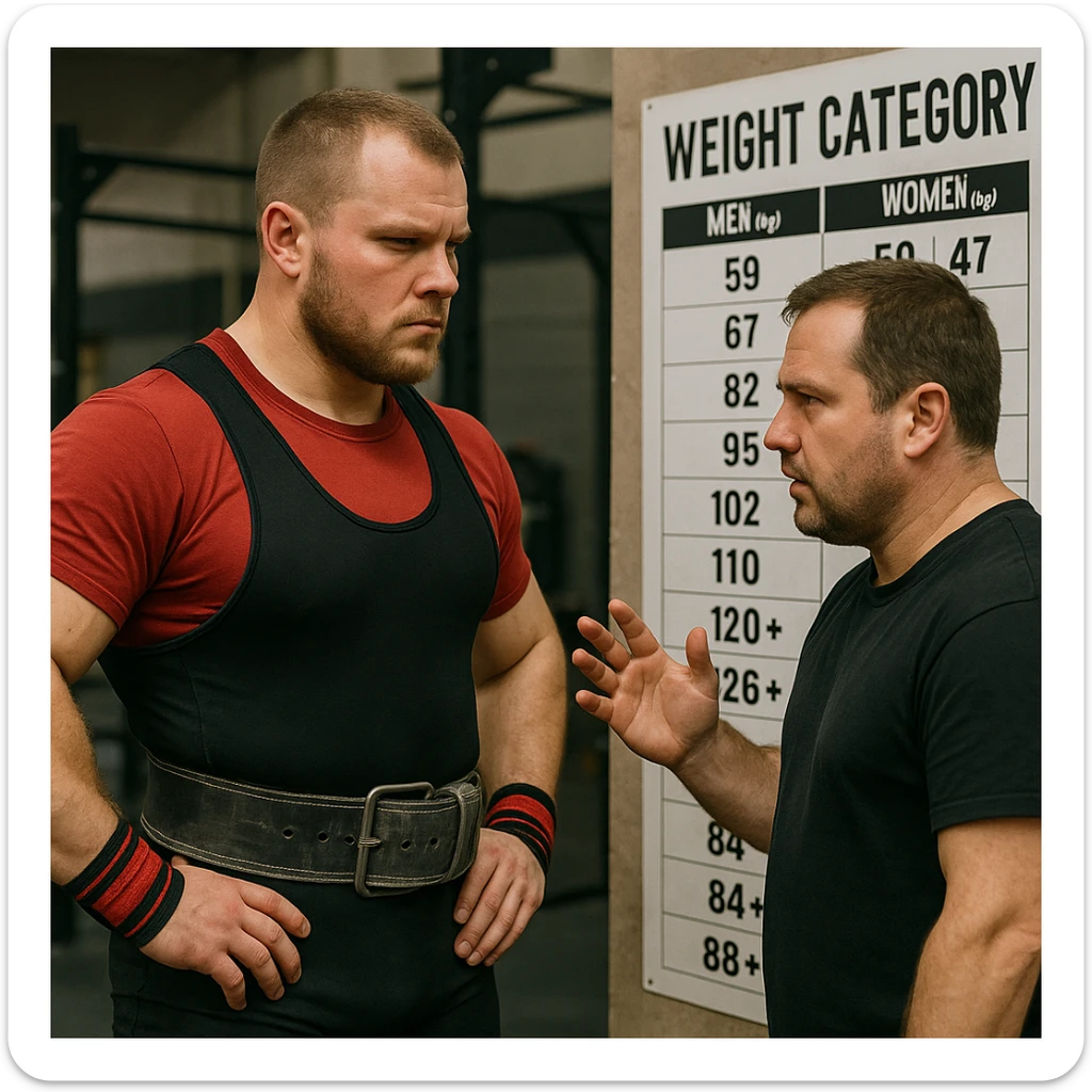 Powerlifter in competition clothing, discussing with a coach in front of a weight category chart, both with serious expressions, important choice atmosphere, realistic details, gym background sticker