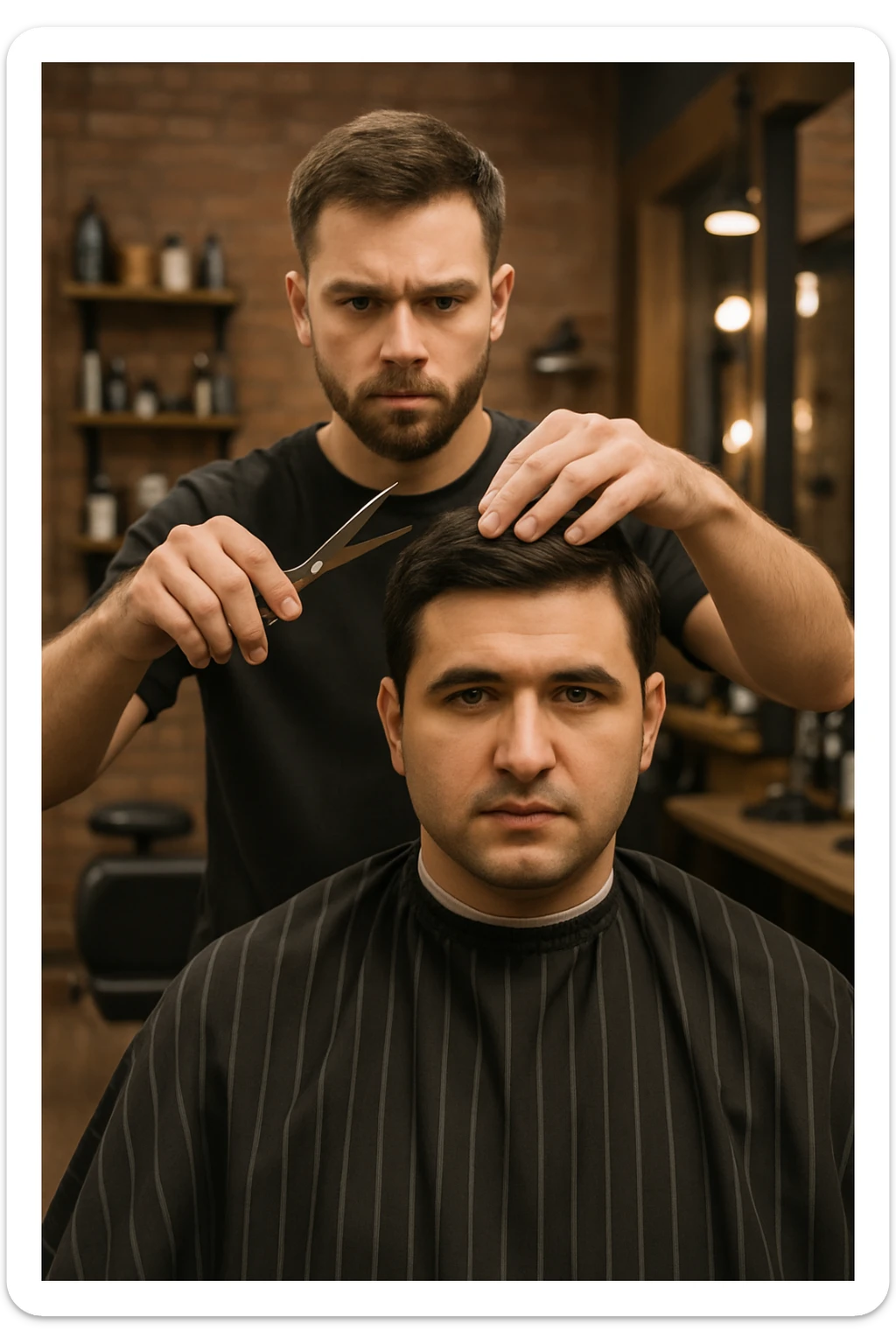 manashu akani yuzlaridan foydalanib sartarosh chizib bergin u soch olishga tayyor turganini chizib ber old rakursda bulsin mijoz tugriga qarab utirganini va sartarosh uni orqasida turib bitta ulida qaychi, ikkta quli bilan tayyorgarlik kurib turganini chizib ber xuddi 1,2,3 boshladik degandey birdaniga ishga kirishib ketadigan dek tayyor bulib tursin sticker