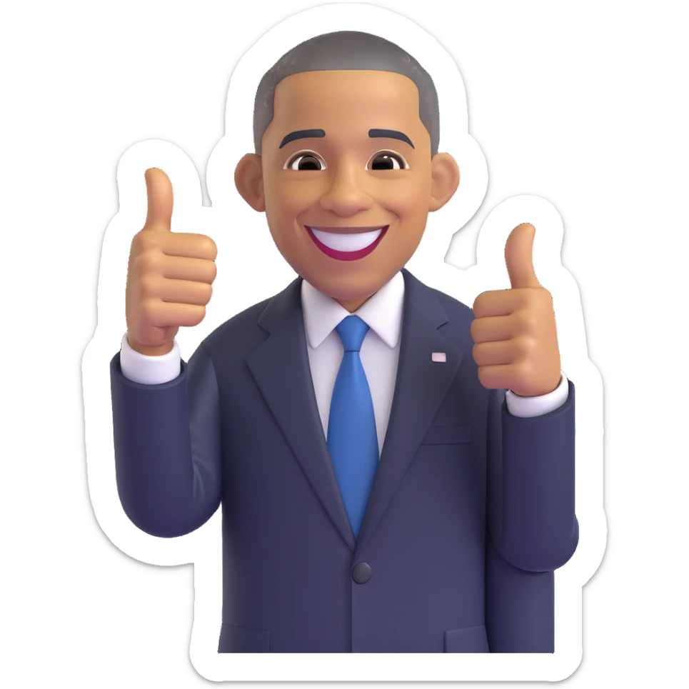 Barack Obama giving a thumbs up, emoji style, with a big smile and suit sticker