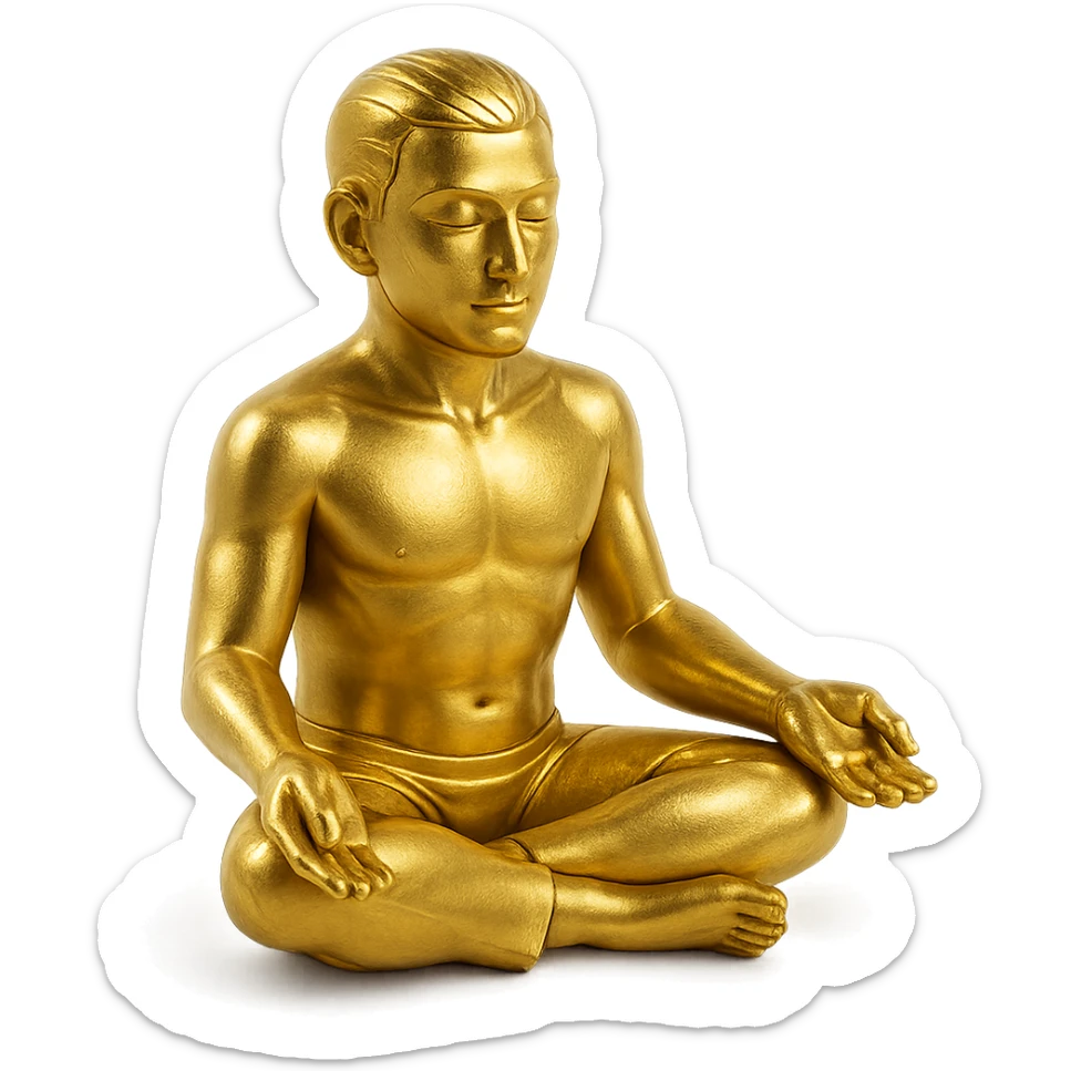 stylized gold figure of a man meditating in the lotus position, hands resting on knees, gold objects style sticker