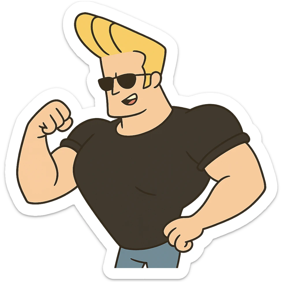 johnny bravo cartoon character, muscular man with blonde hair, wearing sunglasses and a black t-shirt, cartoon style sticker
