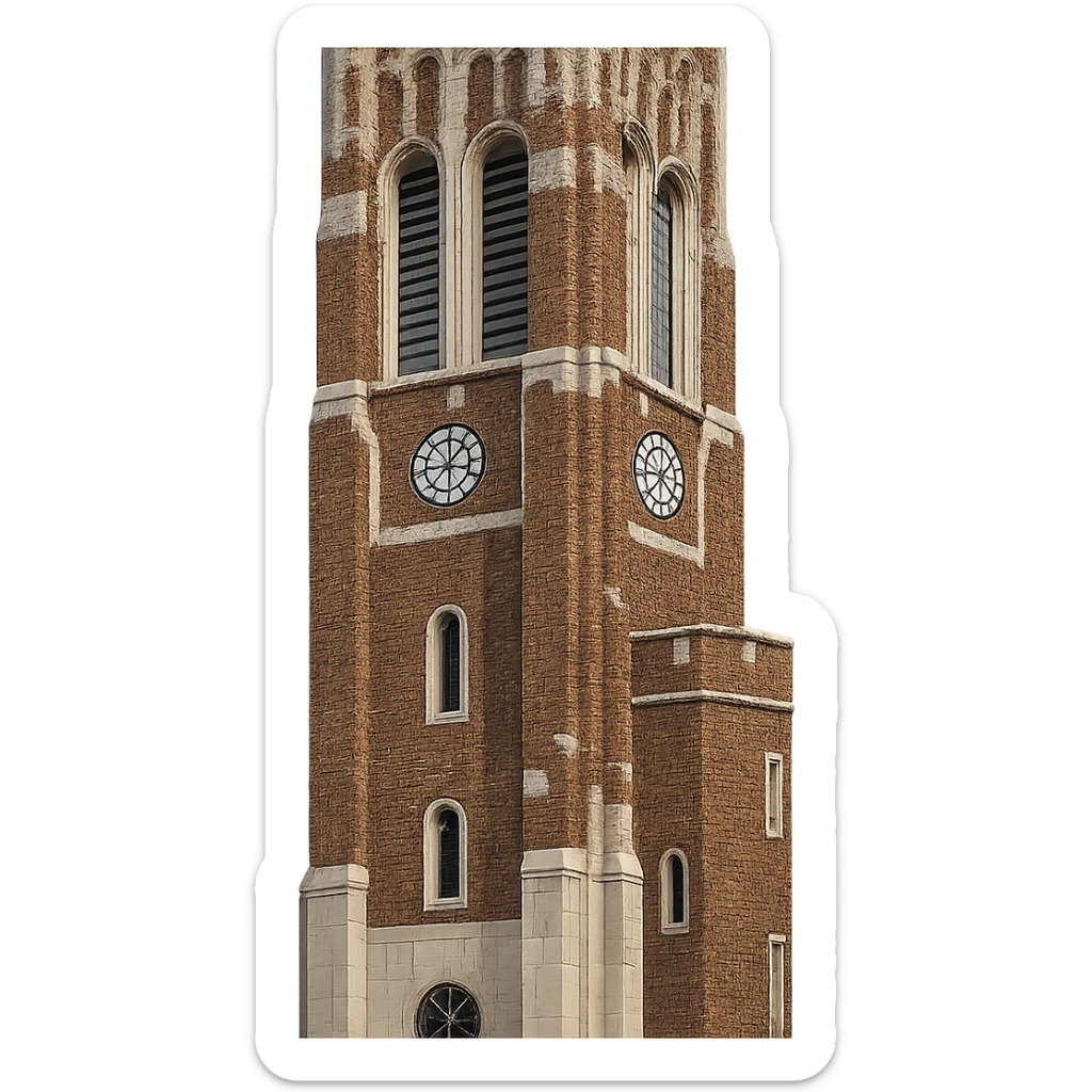 Adjust the color of Beaumont Tower at Michigan State University to remove the yellow hue from the red brick and white stone, keeping everything else exactly the same, with a transparent background. sticker