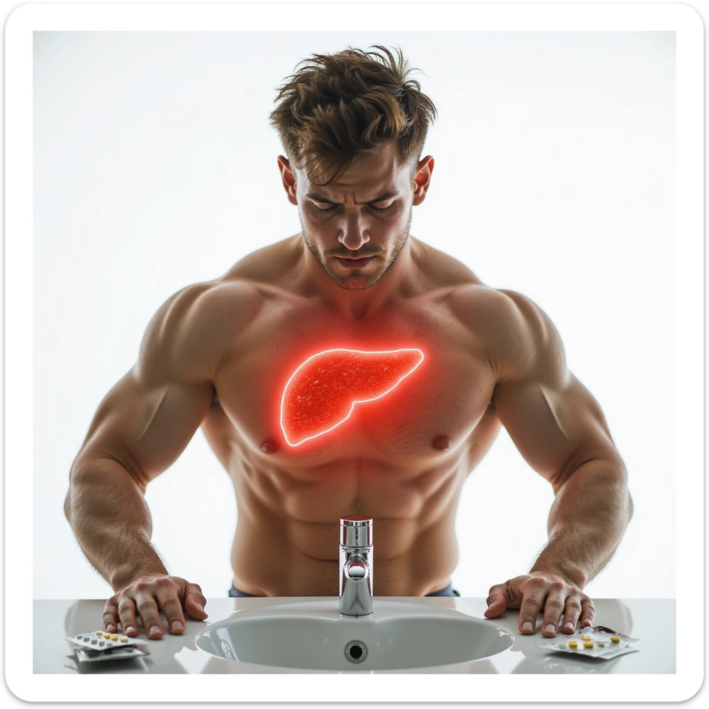 muscular young man in front of mirror, blister packs of pills on sink, liver area highlighted with red halo, pained expression, realistic details, isolated on white background sticker