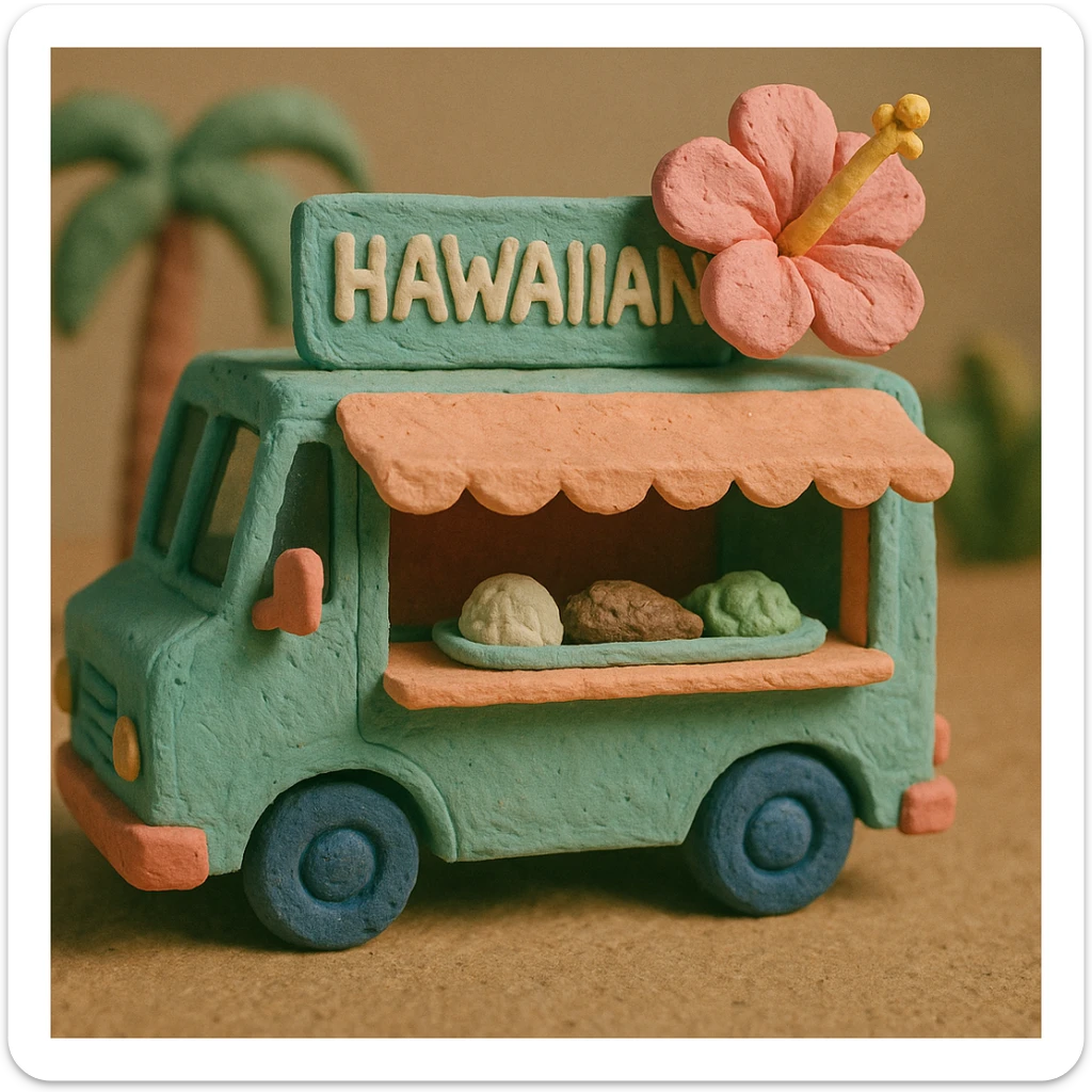 Hawaiian food truck with pastel colors and textured look in claymation style sticker