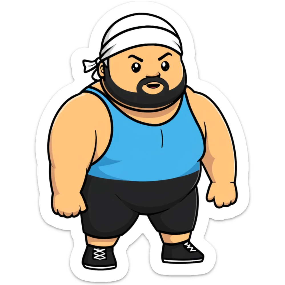 White skin fat guy with black durag, light stubble beard of a few days in wrestling singlet sticker