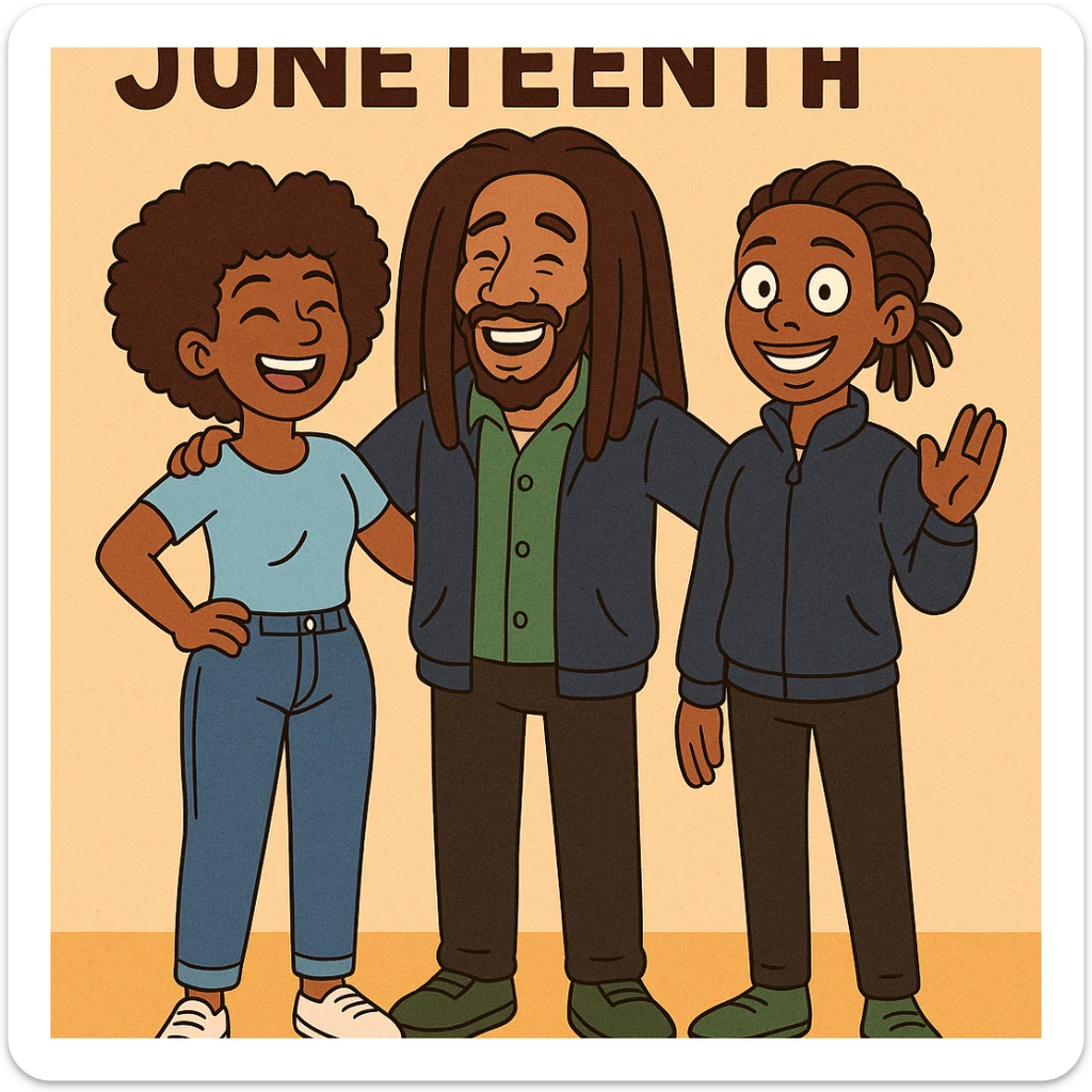 A woman Kinky hair light blue shirt blue jeans white shoes boy Dreadlocks dark brown hair green shuts navy blue zip up hoodie black jeans green shoes Bob Marley Vanessa Nakate Mae Jemison Happy JUNETEENTH sticker