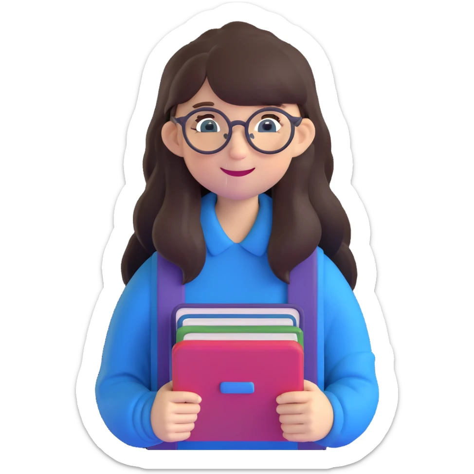 teenage girl with long dark brown hair, bangs, blue eyes, round glasses with thin black frames, wearing a backpack, smiling, with a book in hand sticker