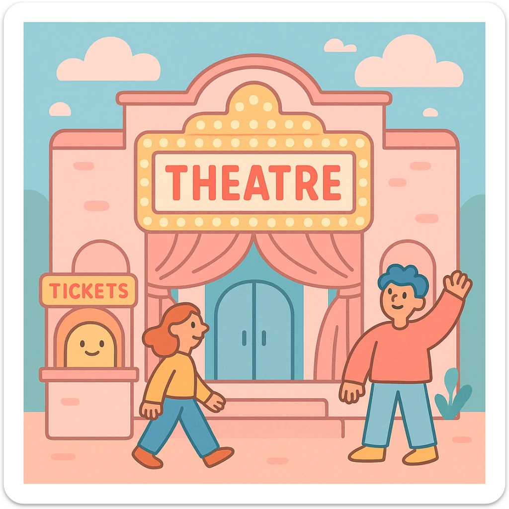 theatre building in light pink and pastel colors, soft and inviting, with classic marquee and curtains, modern illustration style sticker