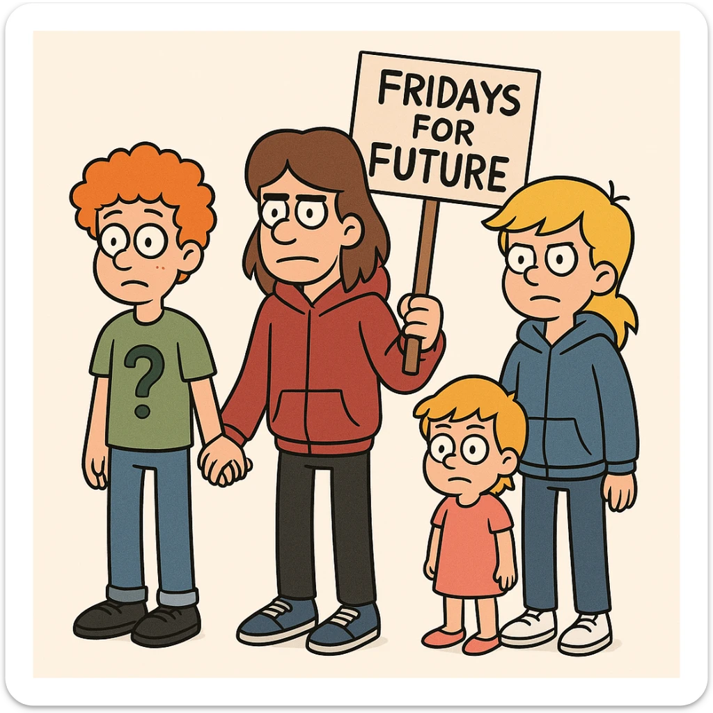 Fridays for Future a boy orange curly hair green question t-shirt jeans black shoes boy brown Hockey Hair red hoodie black trousers navy blue trainer shoes girl yellow hair with shirt dress pink shoe boy Yellow Orange hair blue jackets hoodie dark blue jeans white shoe  sticker