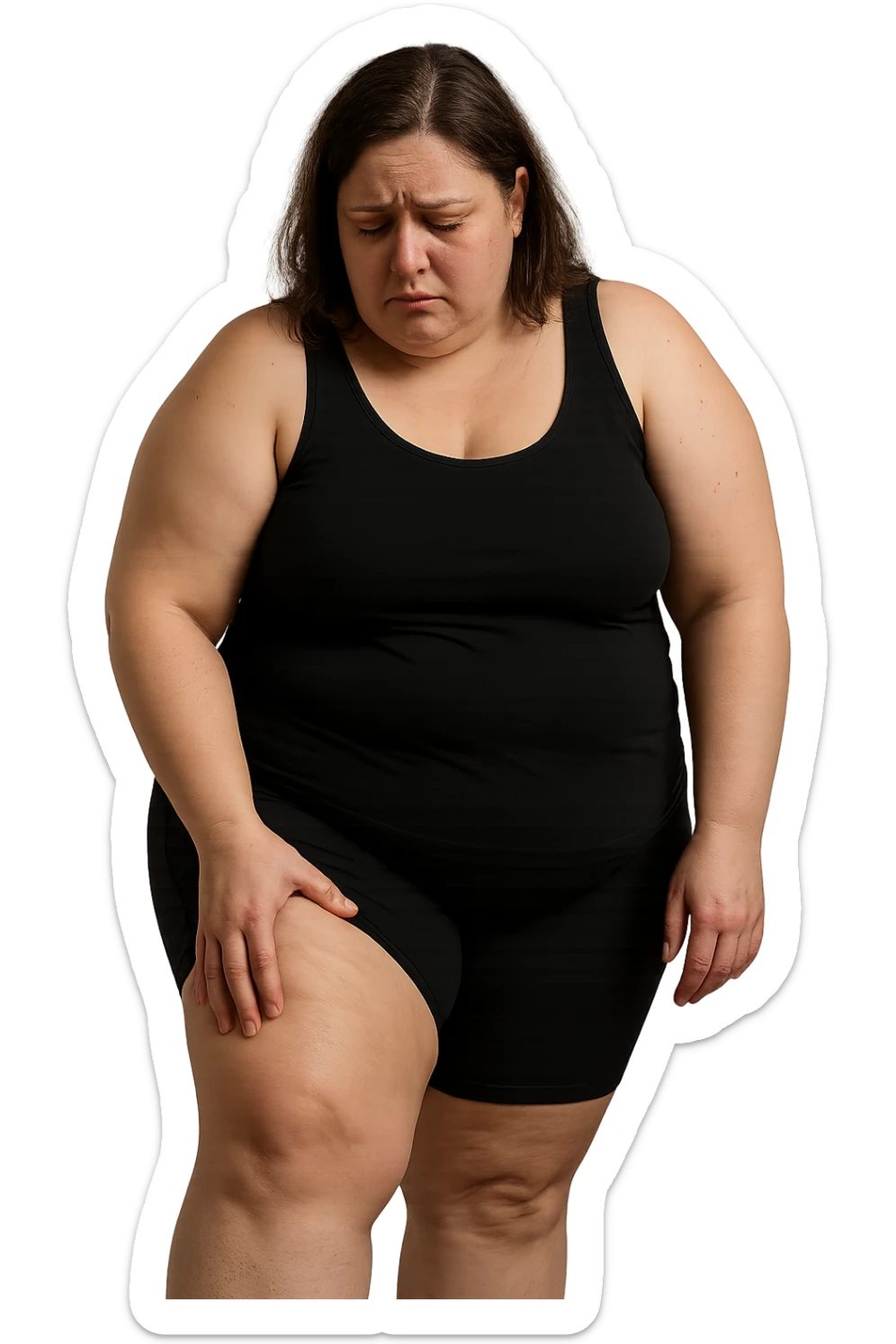 donna grassa che si tocca la coscia con espressione triste, IPERREALISTICA 4K sticker