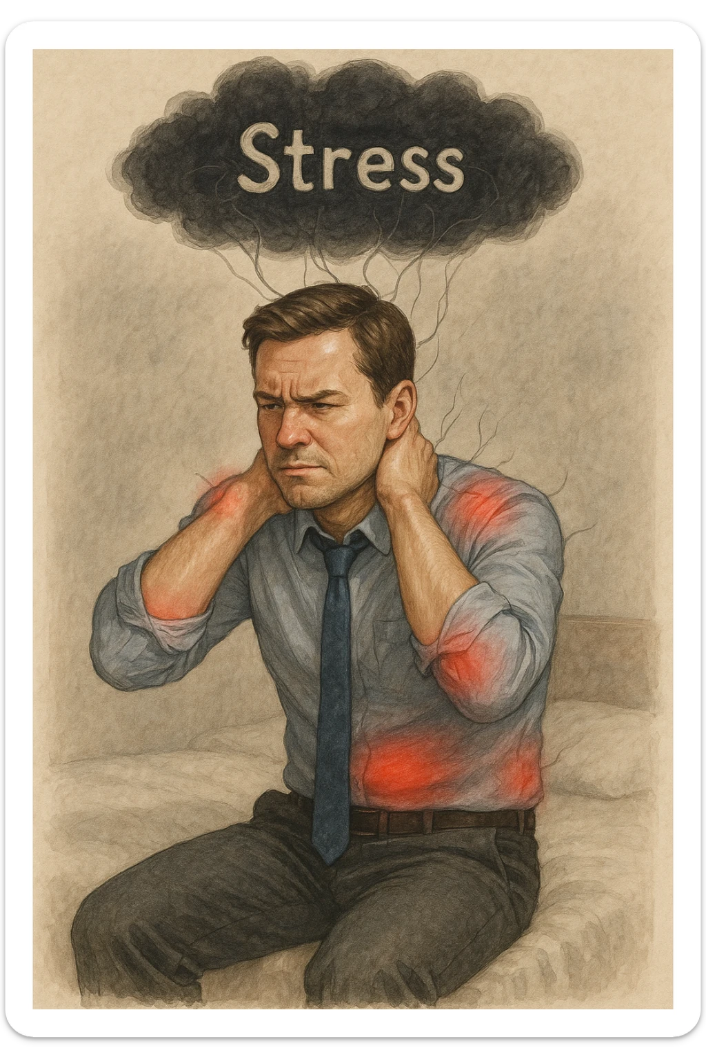 Uomo tra i 30 e i 40 anni in abiti da ufficio, seduto su una sedia o sul letto, con mani sul collo o sulla testa, visibilmente stressato. Attorno al corpo si vedono aree evidenziate di dolore (spalle, stomaco, schiena) rappresentate da leggere sfumature rosse o pulsanti. Sopra la sua testa, una nuvola scura con la parola 'Stress' scritta dentro, collegata al corpo con fili o nervi tesi. L'espressione dell’uomo è di frustrazione ma anche convinzione: crede che sia solo lo stress. Stile realistico con accenti simbolici psicofisici sticker