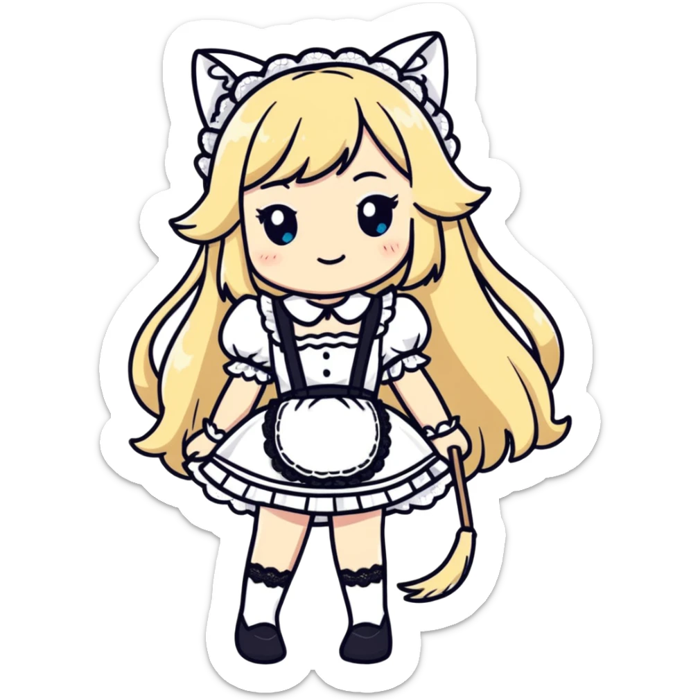 flirty petite blonde catgirl woman long hair freckles shy lace white French maid bare feet sticker