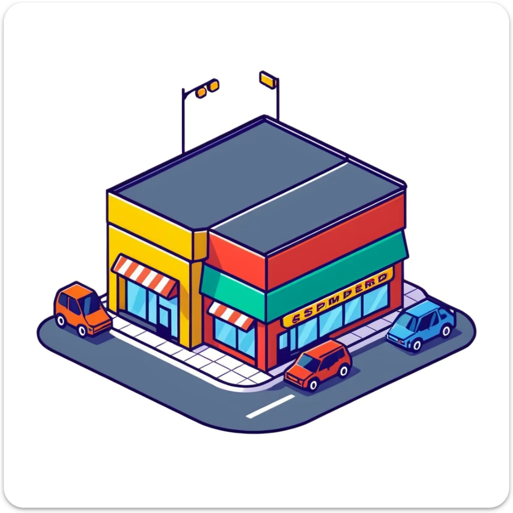 Isometric supermarket building exterior with colorful facade, parked cars, and entrance area sticker