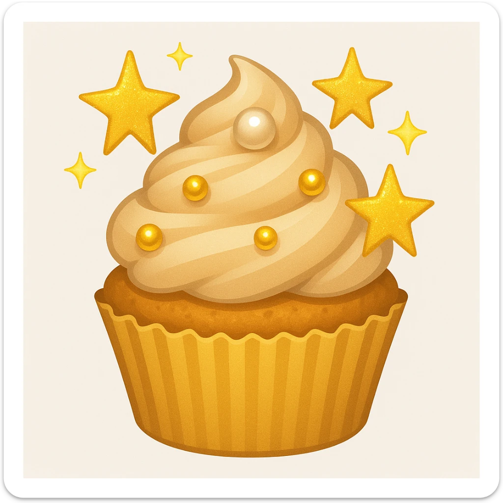 Add gold stars and a tiny edible pearl to the cupcake with beige frosting and gold pearls in emoji style. sticker