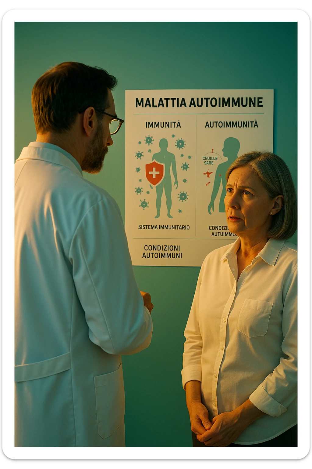 Realistic, detailed photo taken from behind of one doctor e un paziente —a bearded man and a middle-aged woman—standing and facing each other as they discuss an autoimmune disease diagnosis in front of a medical chart that displays information about the immune system and autoimmune conditions. The scene is illuminated by a yellowish, orange, warm light that softly envelops the doctors. The entire room is bathed in a single green-blue color, creating a cohesive and modern atmosphere. Both doctors wear white coats, and their body language suggests a serious, professional conversation about the complexities of autoimmune diseases. Shot with a Canon EOS R5, with high detail and natural depth of field. in italiano sticker
