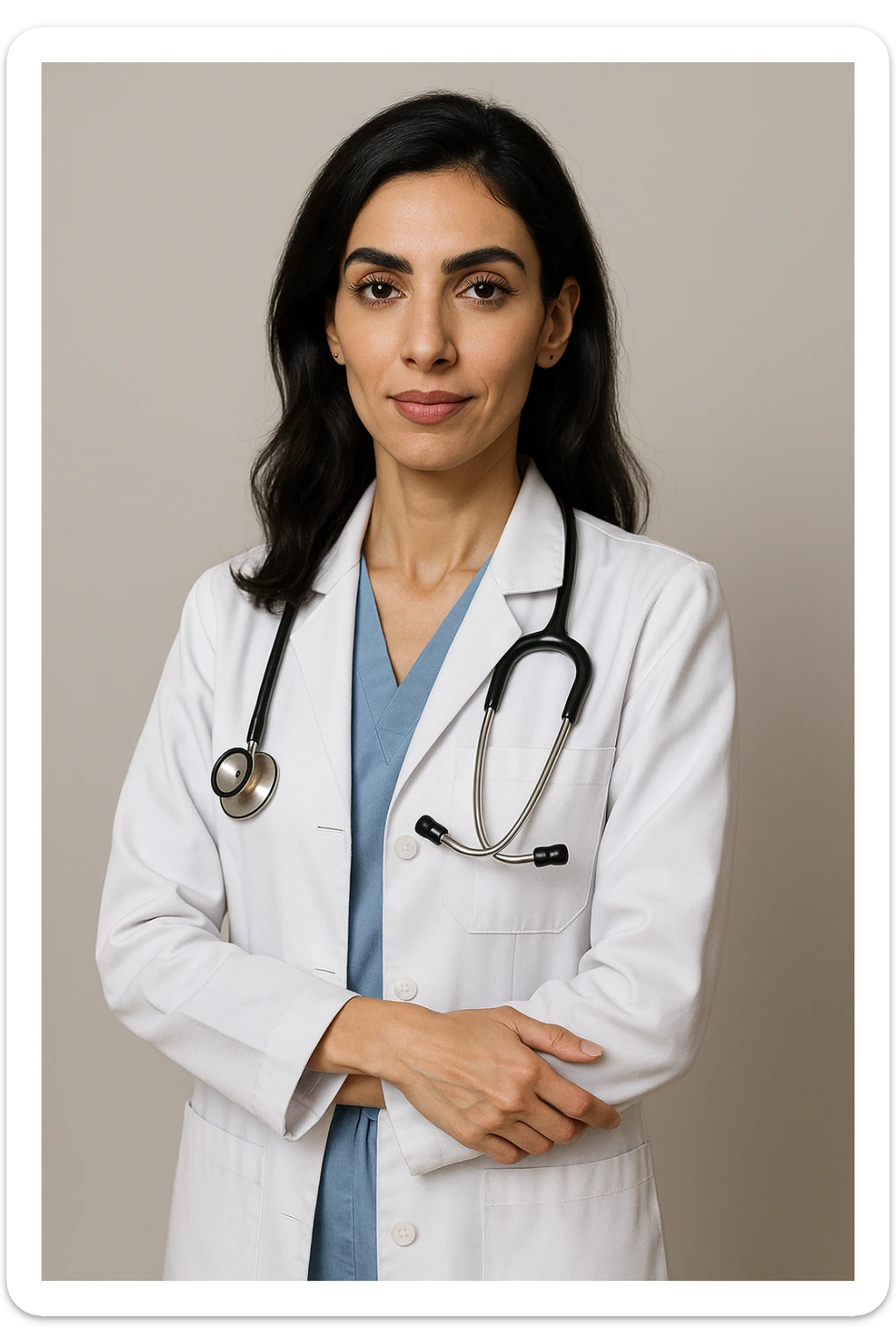 Arab doctor, 46 kg, 173 cm, medium black-brown hair, black eyes with long lashes and thick eyebrows, beautiful mouth, defined facial bone structure, prominent cheekbones, chin with a dimple (غمازة ذقن), wearing medical attire, elegant and professional appearance, standing, neutral background sticker