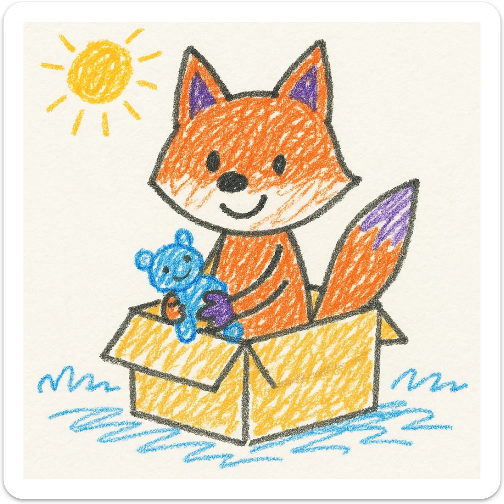 cute fox sitting in a cardboard box with playful expression, kids toy aesthetic, fox holding a toy sticker