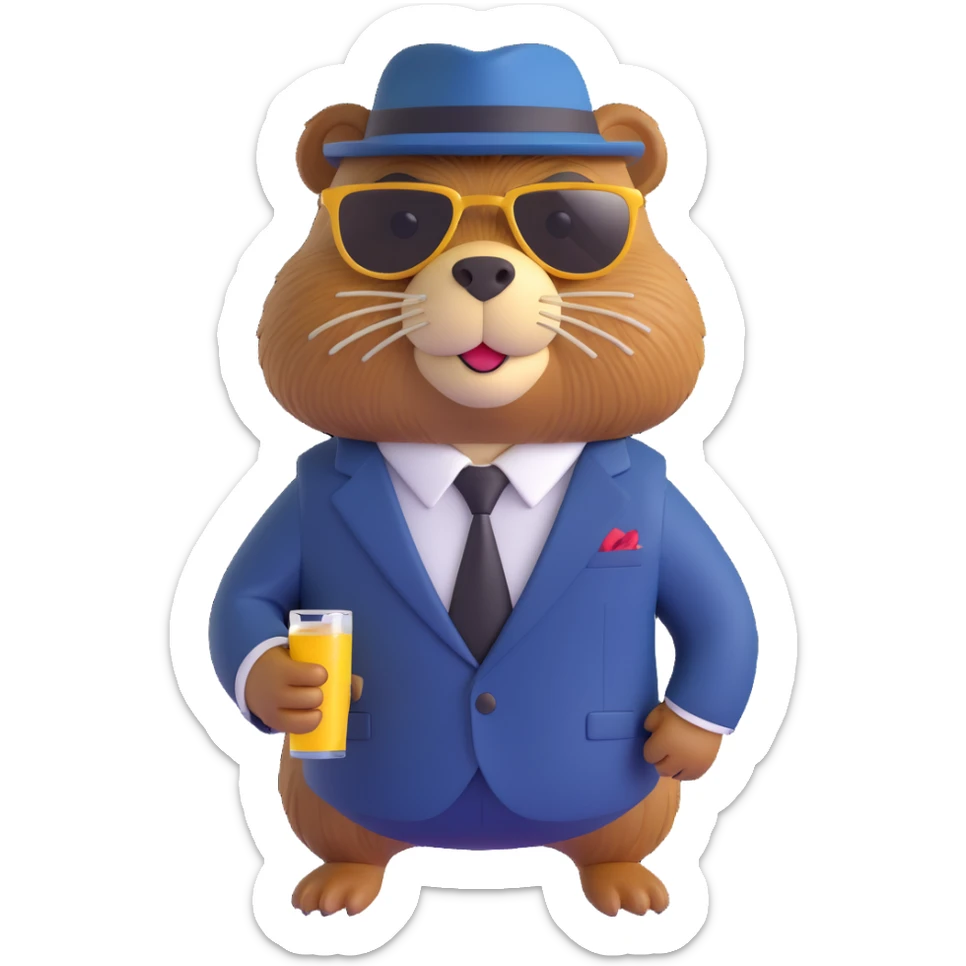beaver in a pinstripe suit, gold chain, sunglasses, gangster attitude sticker