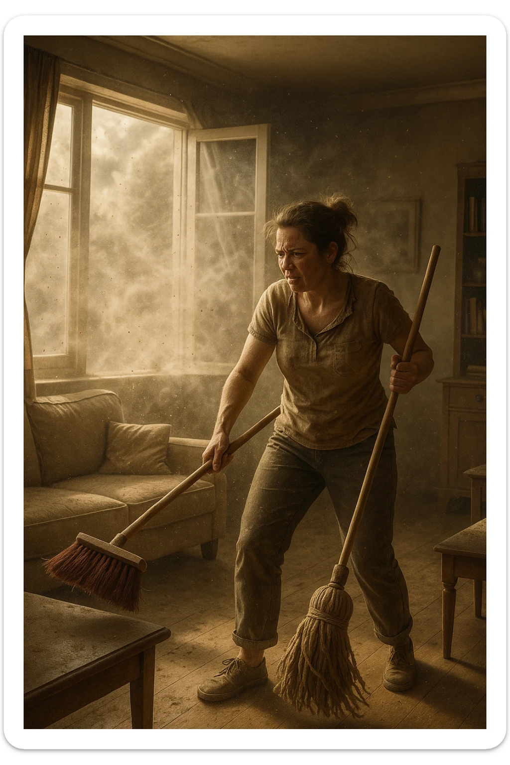 A realistic, cinematic image of a person cleaning a living room with a mop and broom, windows wide open letting in a strong gust of wind. Through the open windows, thick clouds of dust, pollen, and small debris visibly swirl into the room, floating in sunbeams that highlight the particles in the air. The person looks frustrated and tired, mid-action sweeping but clearly battling the incoming dust. Around the room, some furniture and surfaces already show a thin layer of dust settling. The scene is bathed in natural daylight with a slightly hazy atmosphere due to the airborne dust. The color palette uses warm, muted tones emphasizing the contrast between cleanliness efforts and the stubborn dirt and dust invading the space. The focus is on the tension between trying to clean and the unavoidable mess coming in from outside. sticker