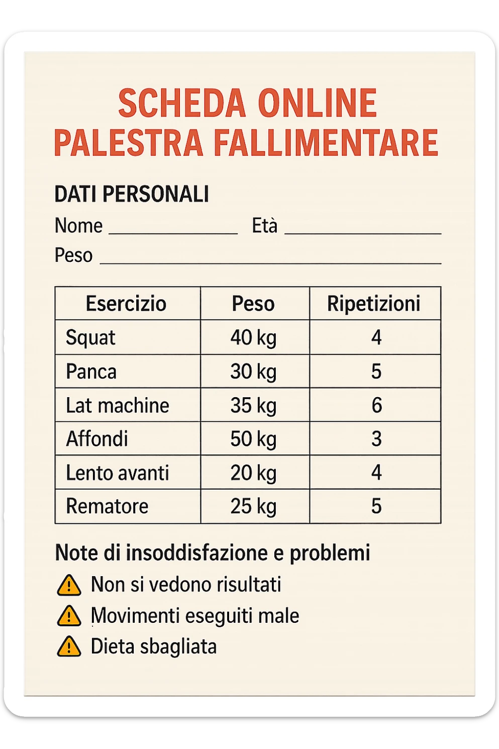 Scheda online palestra fallimentare che non va bene foglio in italiano fai un esempio delle scheda sticker