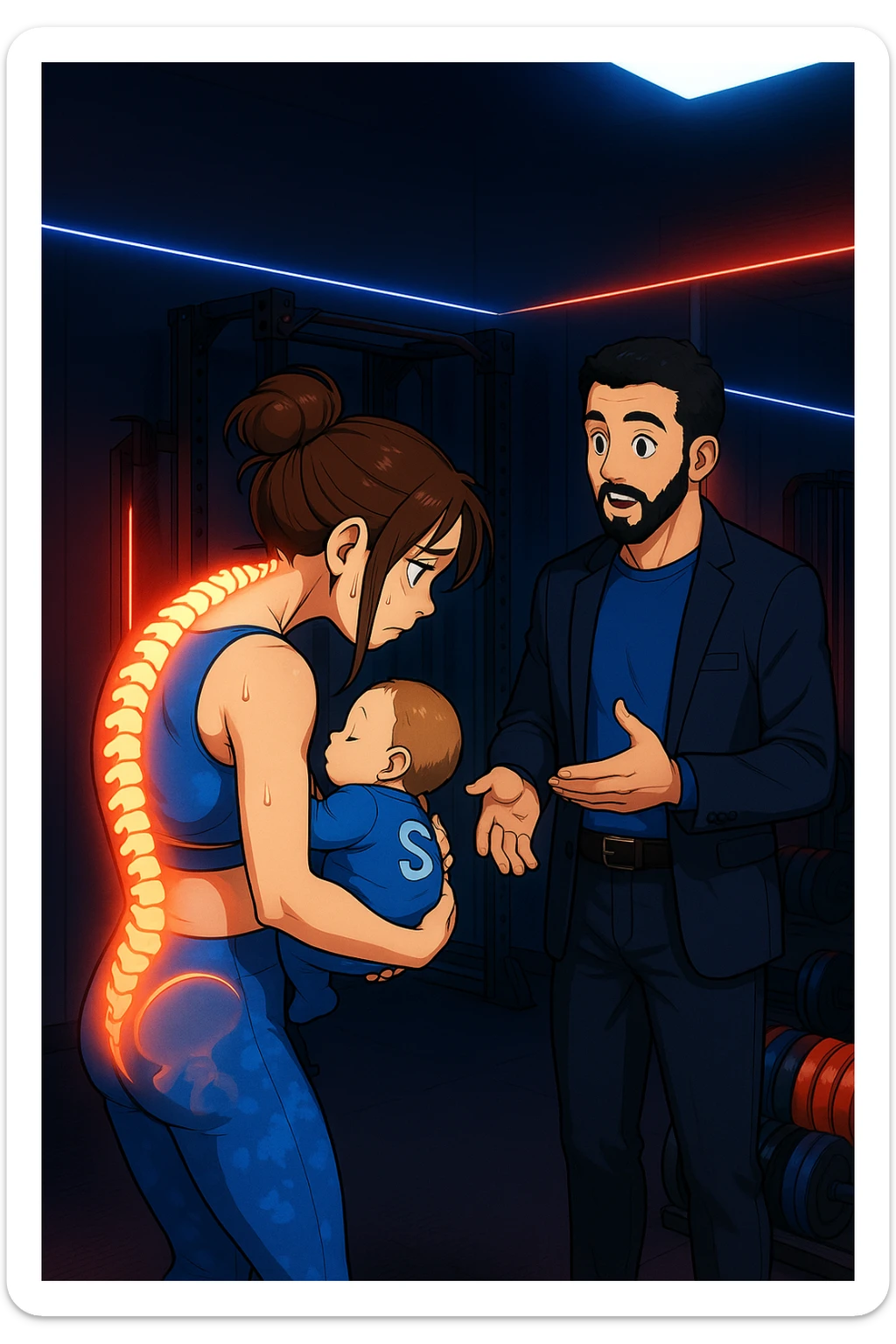 ispirati a questo stile di disegno e fai questa immagine in versione manga/webtoon a colori, il manga mostra la donna preoccupata di profilo con la postura sbagliata e incurvata, spalle chiuse e curve in avanti, con un neonato in braccio con una tutina azzurra e la scritta "S" sulla schiena, spina dorsale storta della donna in evidenza mentre ascolta l'uomo mentre l'uomo gli sta spiegando una cosa, ma non fare i fumetti, fai come se stessero parlando sticker