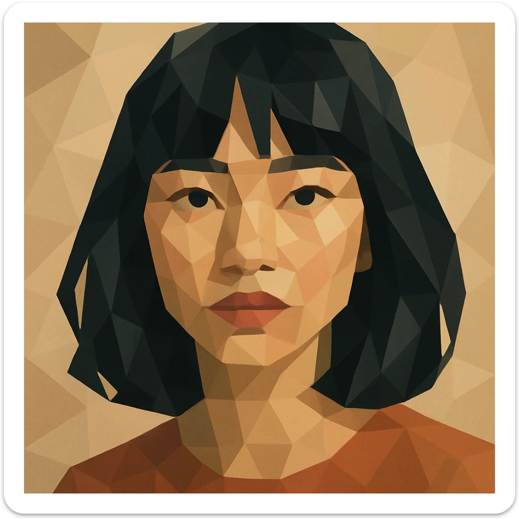 portrait of a girl with black shoulder-length hair, bangs, black almond-shaped eyes, full lips, and straight nose, polygonal style sticker