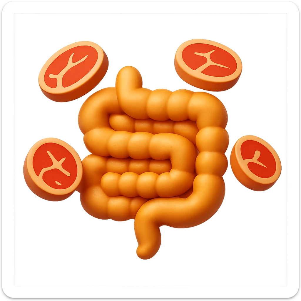 emoji stile iphone in 3d di un intestino con fette di carne che gli fluttuano intorno sticker