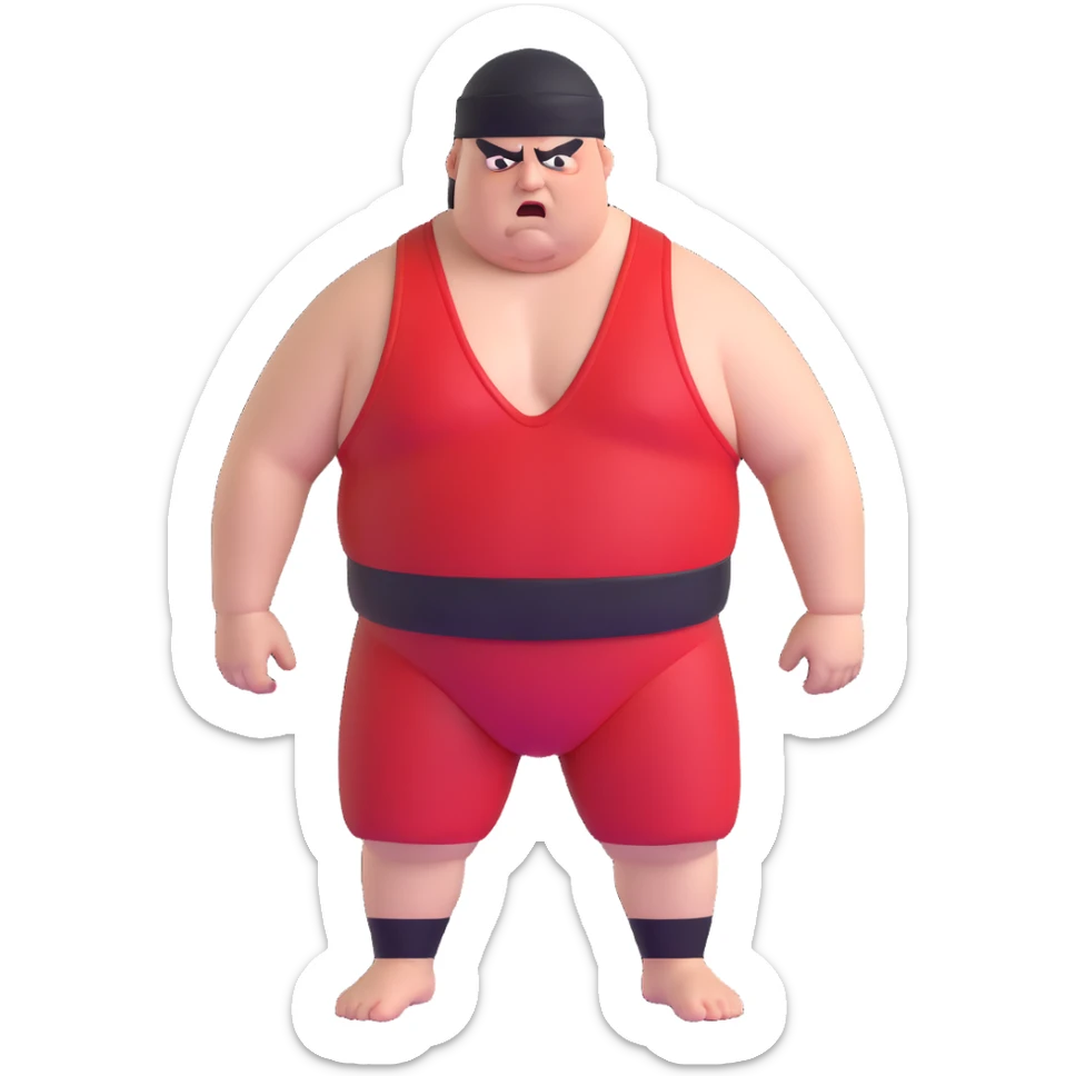 Close-up of white skin fat guy with young face, no muscle with prominent black durag, completely shaved face, no beard or mustache, black eyes in a red and black wrestling singlet with angry face sticker