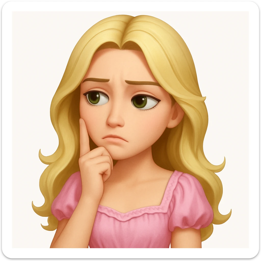 Create an image of a blonde with long hair and swamp eyes wearing a pink pastel dress, thoughtful expression. The style should match the apple emoji style as shown in the reference image. sticker