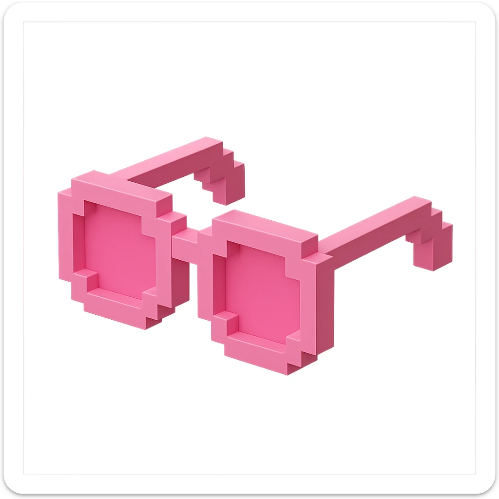 Voxel-style pink glasses with pink lenses, no background, monochromatic and sleek sticker