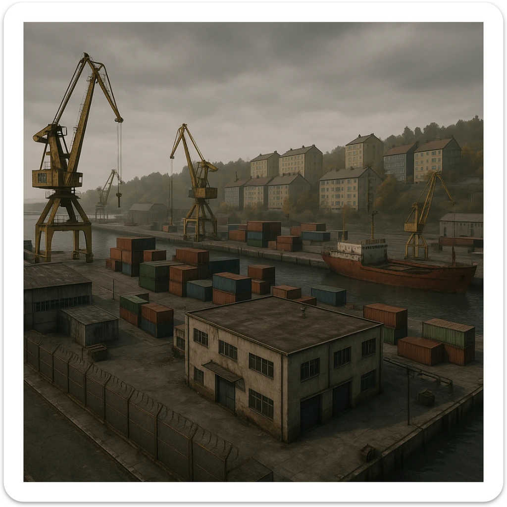 a screenshot of the game DayZ videogame, the harbor in a Scandinavian port town, industrial harbor at apartment blocks sticker
