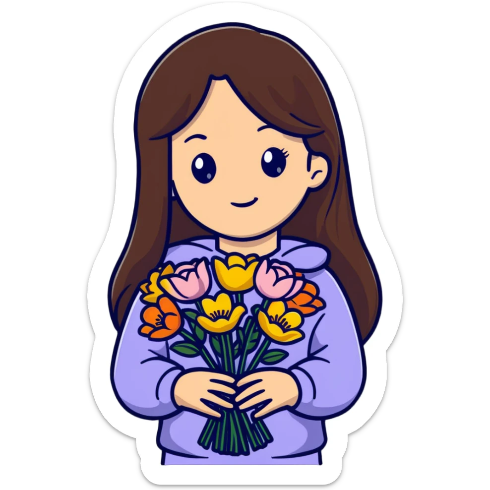 Cool girl with long brown hair holding a bouquet of flowers sticker