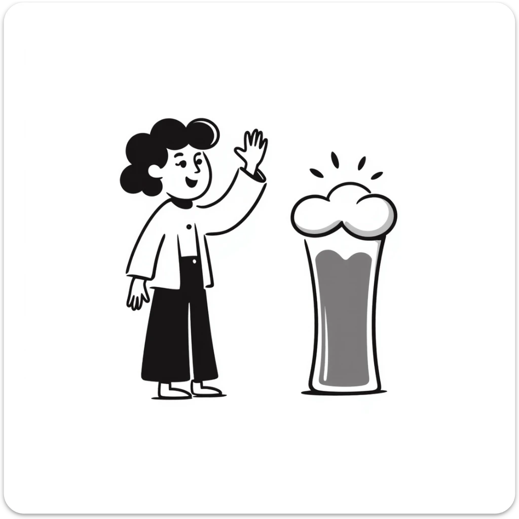 hand-drawn doodle of a beer glass and a friendly waving character, simple and playful sticker