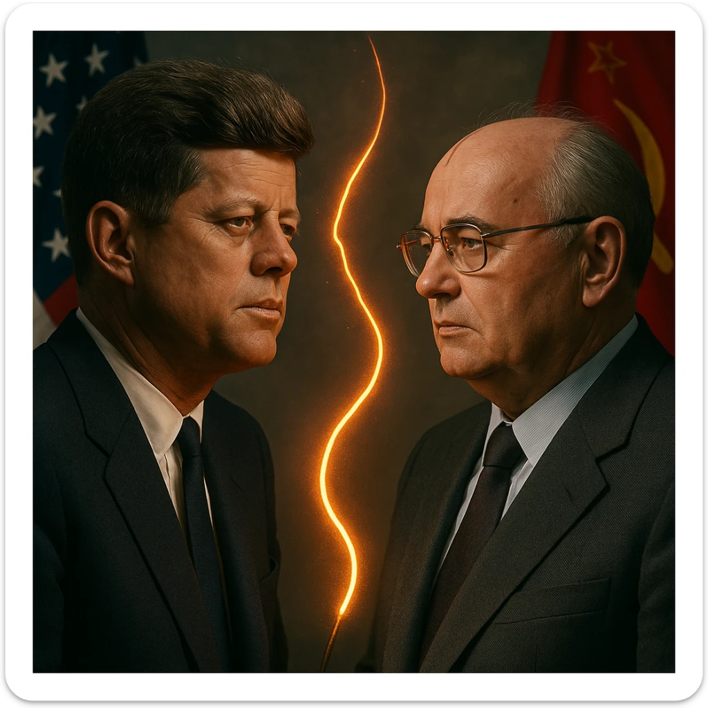 realistic portrait of John F. Kennedy and Mikhail Gorbachev with a glowing hot wire between them, US and Russian flags, Cold War context sticker